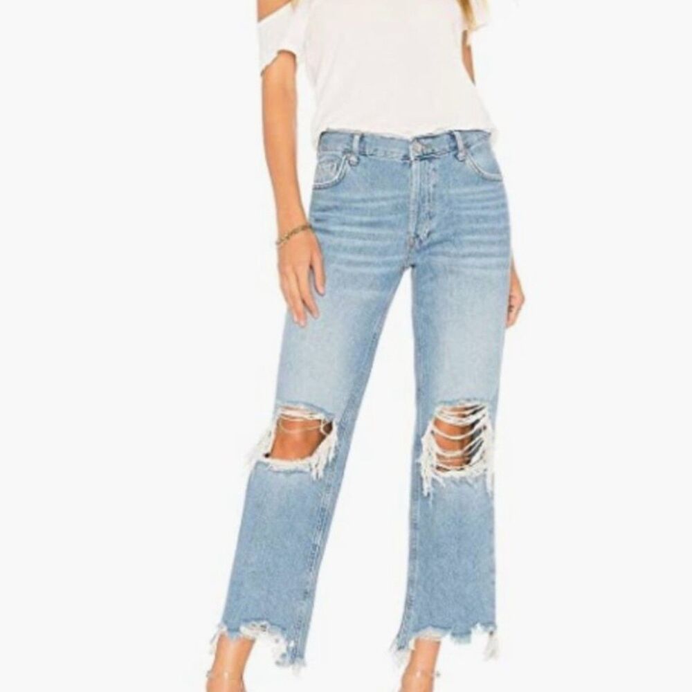 We The Free People Distressed Ripped Straight Leg Jeans Light Wash Womens 28
